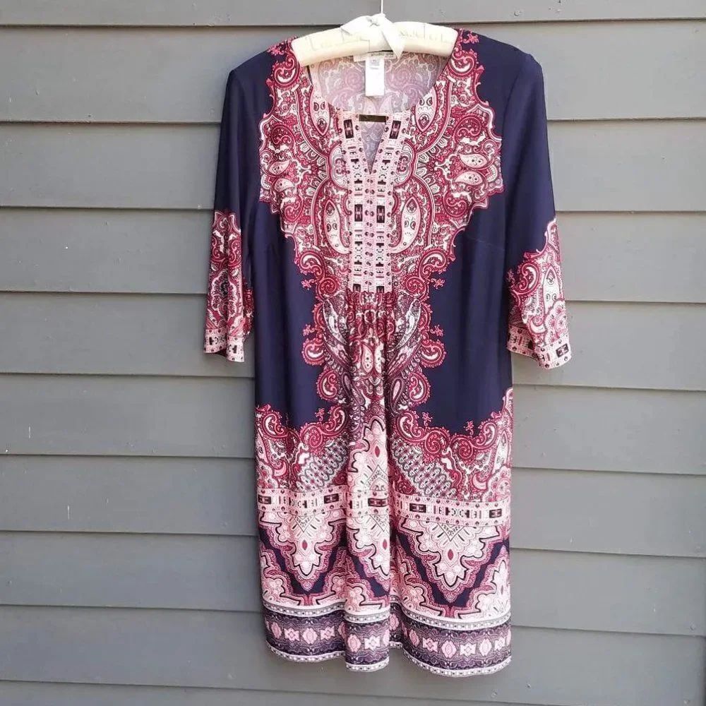 Studio One Boho Navy and Coral Dress Size Large Petite